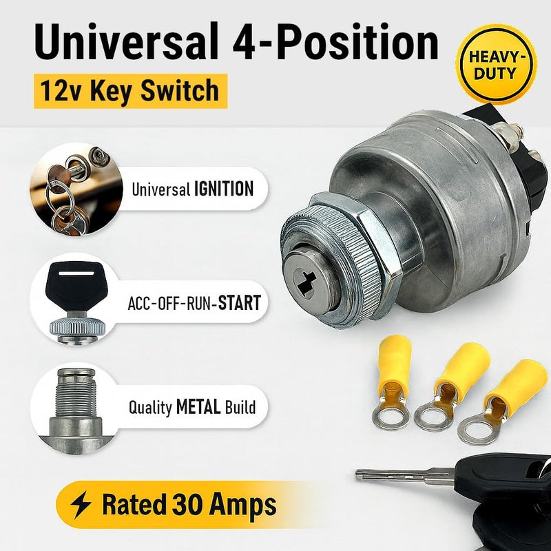 MGI SpeedWare 4-Position Universal Ignition Key Switch for 12V Car, Truck, Tractor, Trailer, Forklift - Acc/Off/IGN/(Start) - Image 4